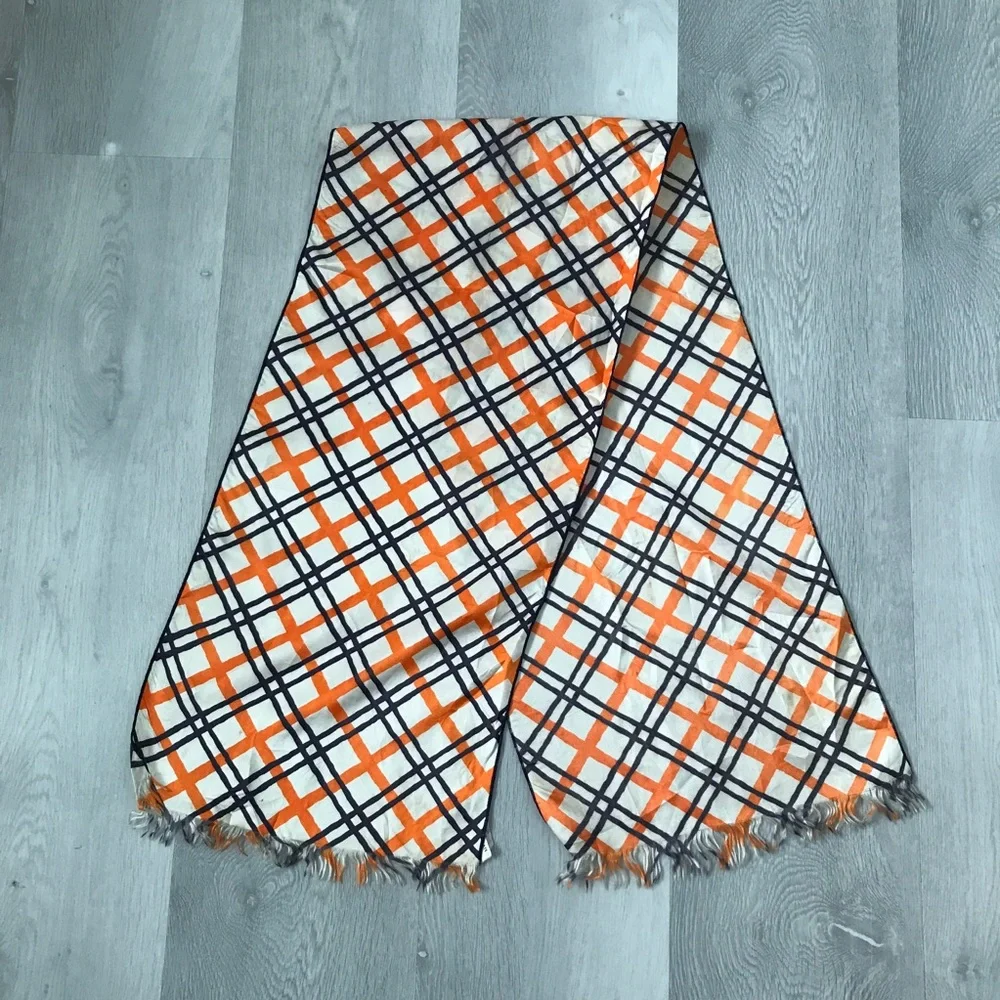 SCARF NAVY IVORY ORANGE NOVA CHECK SATIN FRINGE HEM